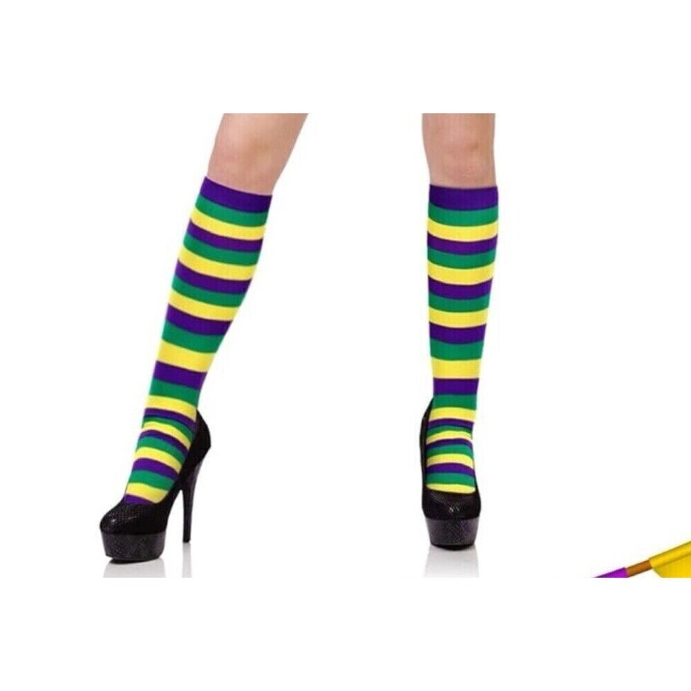 Halloween cosplay Mardi Gras Purple Green Yellow Stripe knee Long Socks -2pairs-